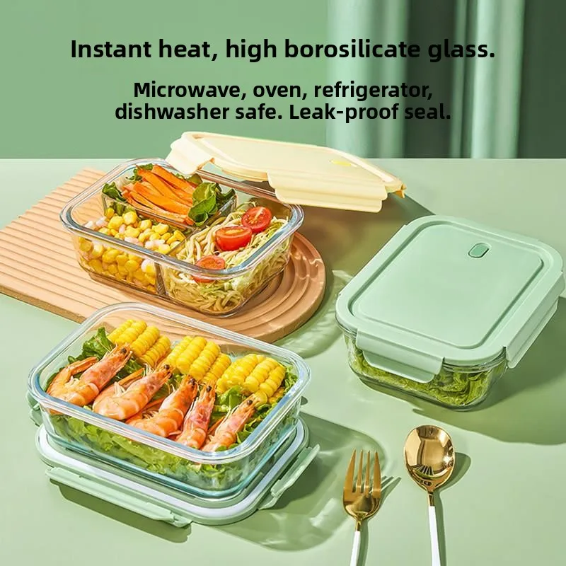 Microwave Safe Glass Lunch Box with Lid Freshness Preservation Container for Office Workers Three Compartment Stackable Set