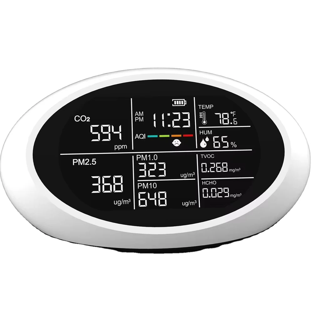 Dienmern DM605E 10 in 1 Air Quality Detector LED Display CO2/PM2.5/Temperature/Humidity Sensor Tester,with USB Charing Port
