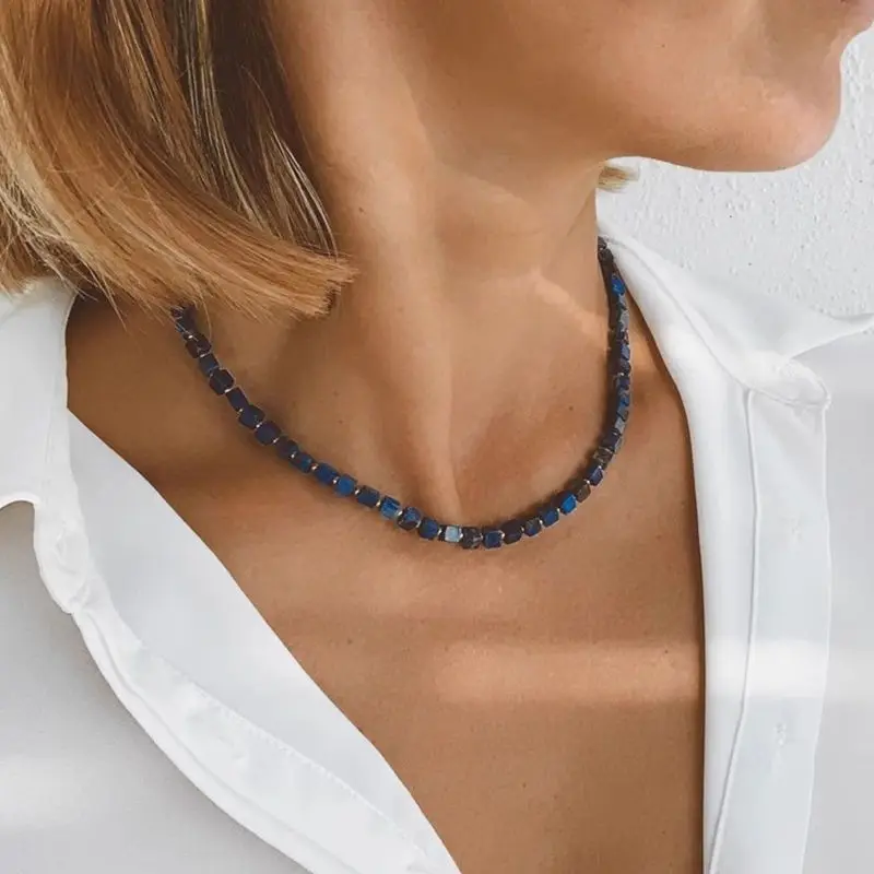 

Natural Square Lapis Lazuli Neck Chain, Premium Light Luxury Beaded Trend Square Versatile Chain, Girls Lapis Lazuli Jewelry