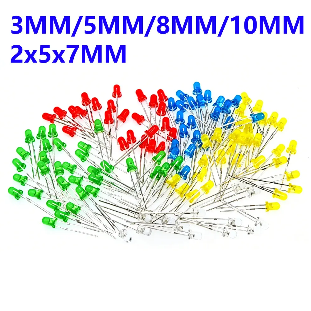 5Colors*20PCS=100PCS 3/5/8/10/257mm 2X5X7 LED diode Light Assorted Kit White Yellow Red Green Blue each 20pcs Component package