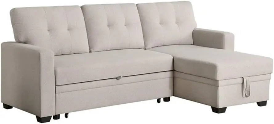 

L-Shaped Polyester Fabric Reversible, Easy Convertible Pull-Out Sleeper Sectional Sofa/Storage Chaise with Tufted Back Cushions