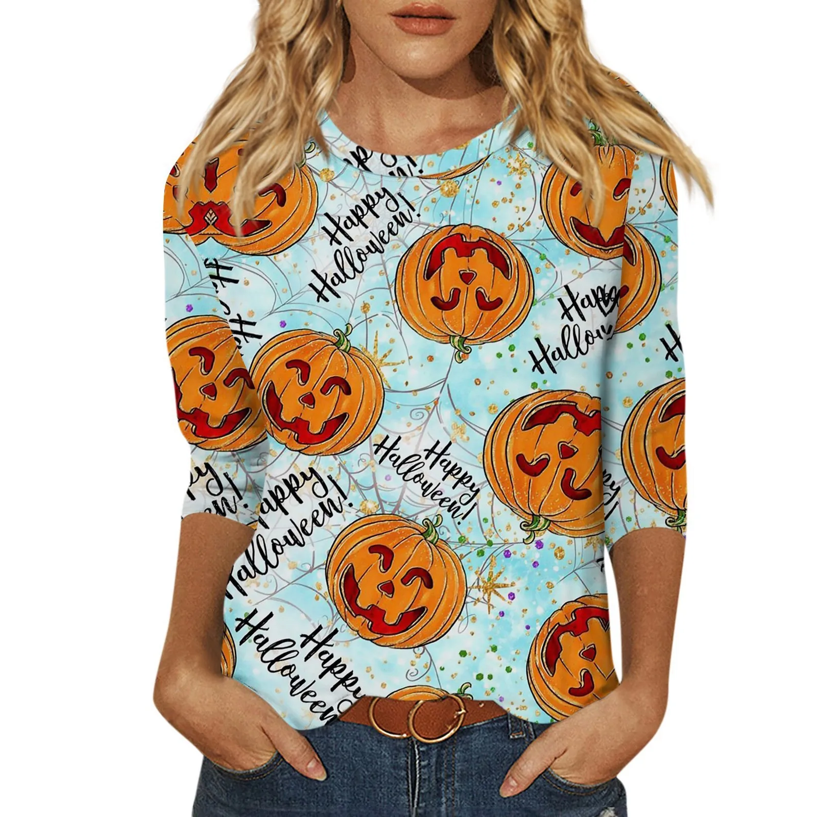 Moda damska Casual Round Neck 3/4 Sleeve Loose Halloween Printed T-Shirt Ladies Tops for Women Womens Tops and Blouses