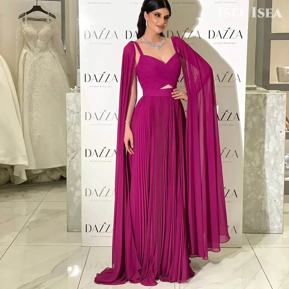 

Fuchsia Long Evening Dress with Cape Sleeves Pleated Maxi Evening Gown Arabric Chiffon V-Neck Formal Occasion Dresses Customized