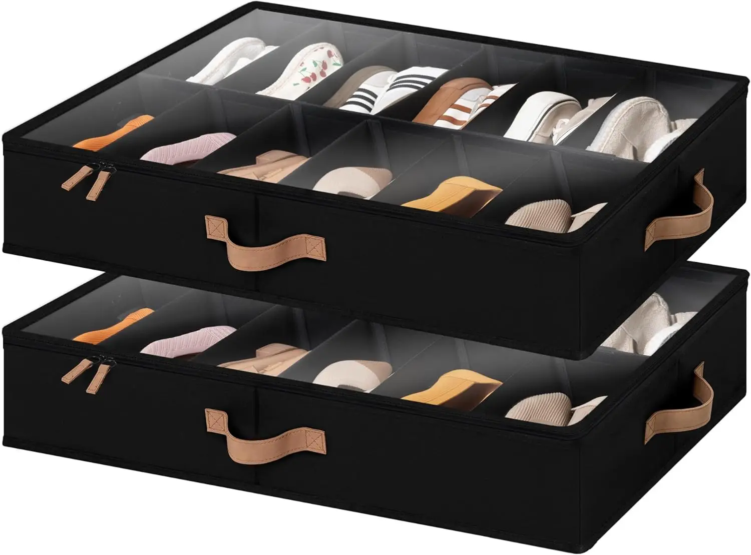 Under Bed Shoe Organizer, Fits 24 Pairs, Ultra-thick Fabric with Adjustable Dividers and Bottom Support, Black, 2-Pack