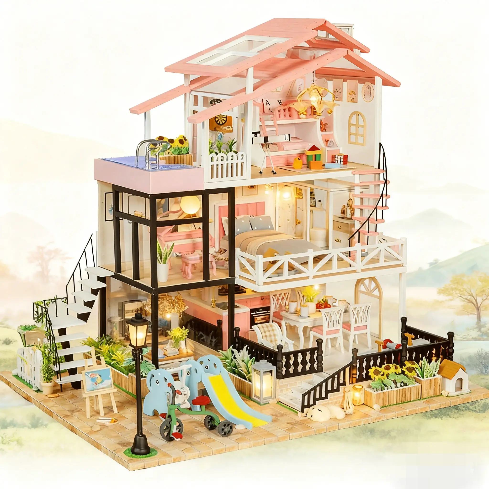 بيت دمية الأميرة المصغر DIY مجموعة خشبية ثلاثية الأبعاد مجموعة ألغاز فيلا مع أثاث LED أضواء مهرجان هدية عيد ميلاد للفتيات #4