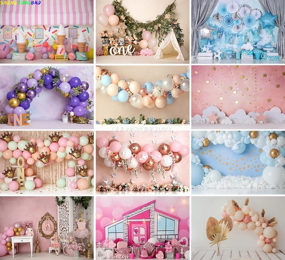 

Boho Pink Balloon Star Photography Backdrops Floral Girl Boy 1st Birthday Party Cake Smash Decor Photo Studio Background YH-01