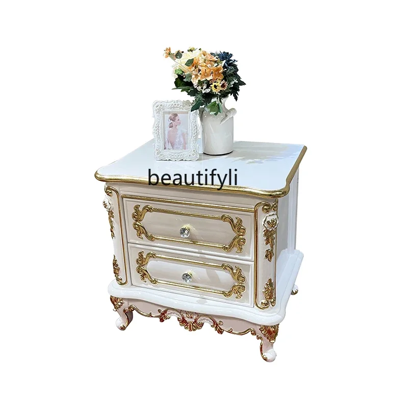 

French solid wood bedside table, European double drawer luxury bedside table, bedroom carved locker