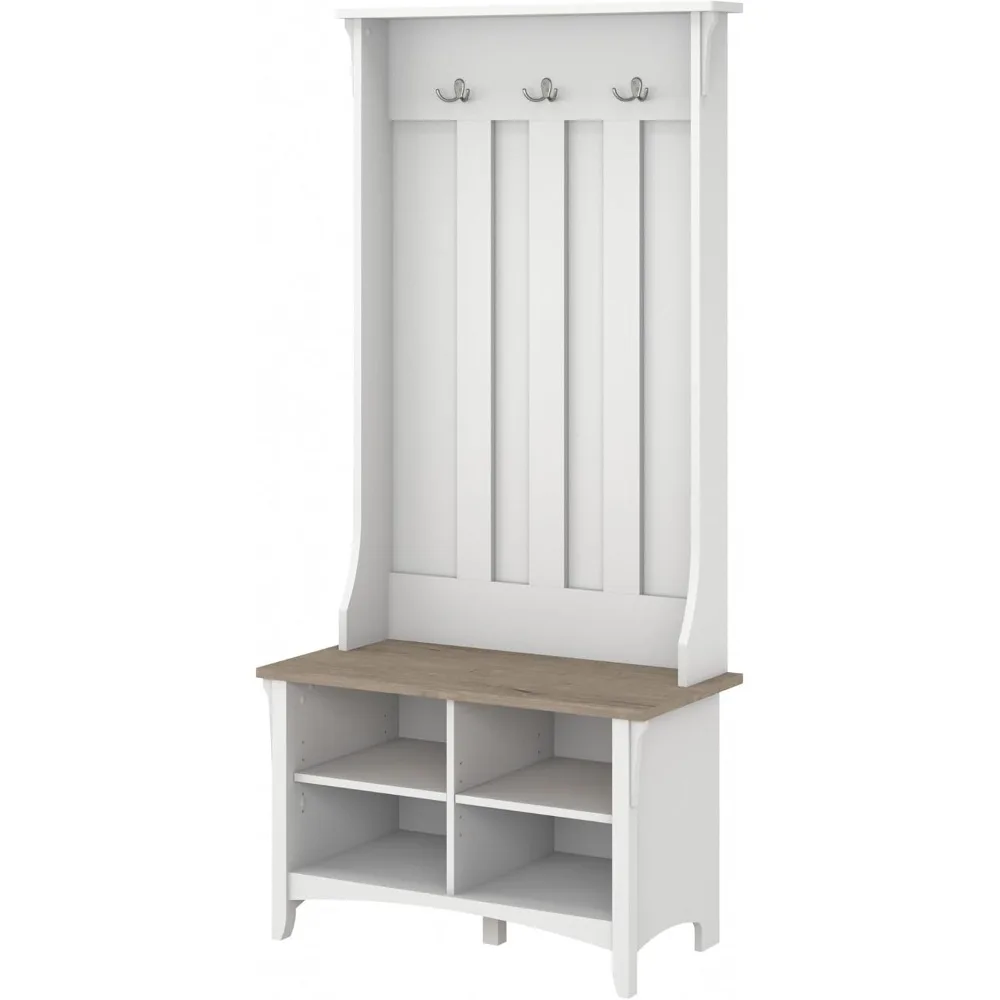 

Hall Tree with Shoe Storage Bench in Shiplap Gray and Pure White Multi-Purpose Home Organizer Entryway Solution