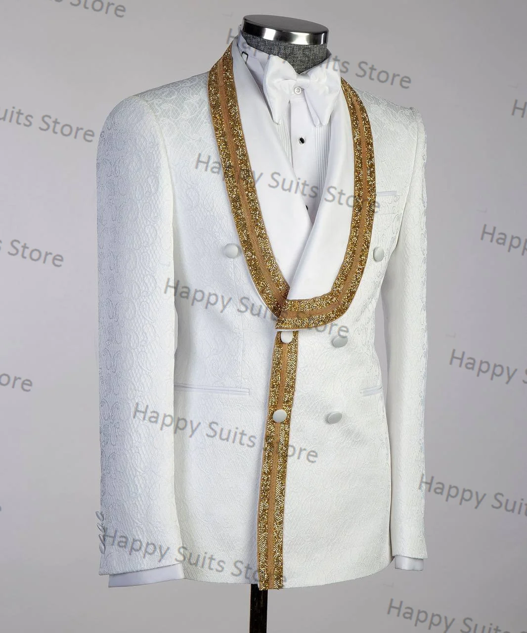 White Jacquard Men Suit 2 Piece Blazer+Pants Luxury Gold Beaded Formal Office Jacket Coat Wedding Tuxedo Custom Made Prom Dress
