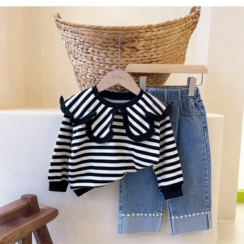 2026 Girls Striped Clothing Sets Spring Autumn Kids Doll Collar Top Sweater+ Beaded Jeans 2Pcs Children Long Sleeve Outfits