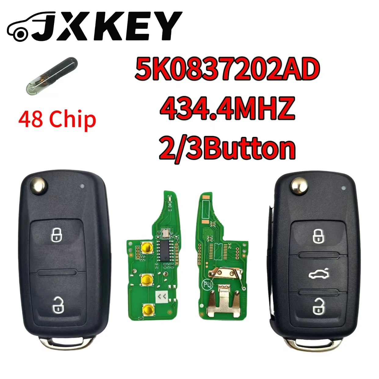 

JXKEY 2PCS Flip Remote Folding Key For VW VOLKSWAGEN Tiguan Golf Sagitar Polo MK6 5K0837202AD 434.4MHZ ID48 CHIP 2/3Button