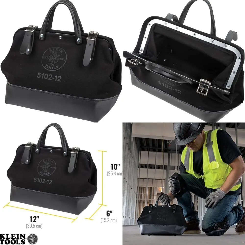 

12-Inch Heavy-Duty Black Canvas Tool Bag with Leather Handles and Wide Hinged Access