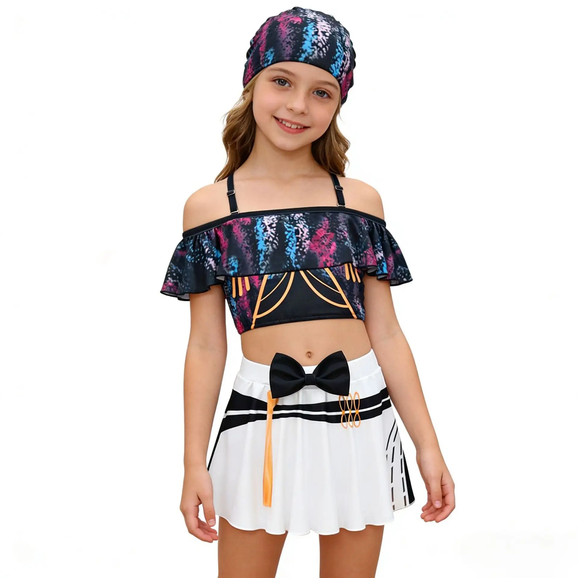 

New K-POP Witch Group Cosplay Kids One Piece Swimsuit Dress Girls Shoulder Straight Swimwear Set