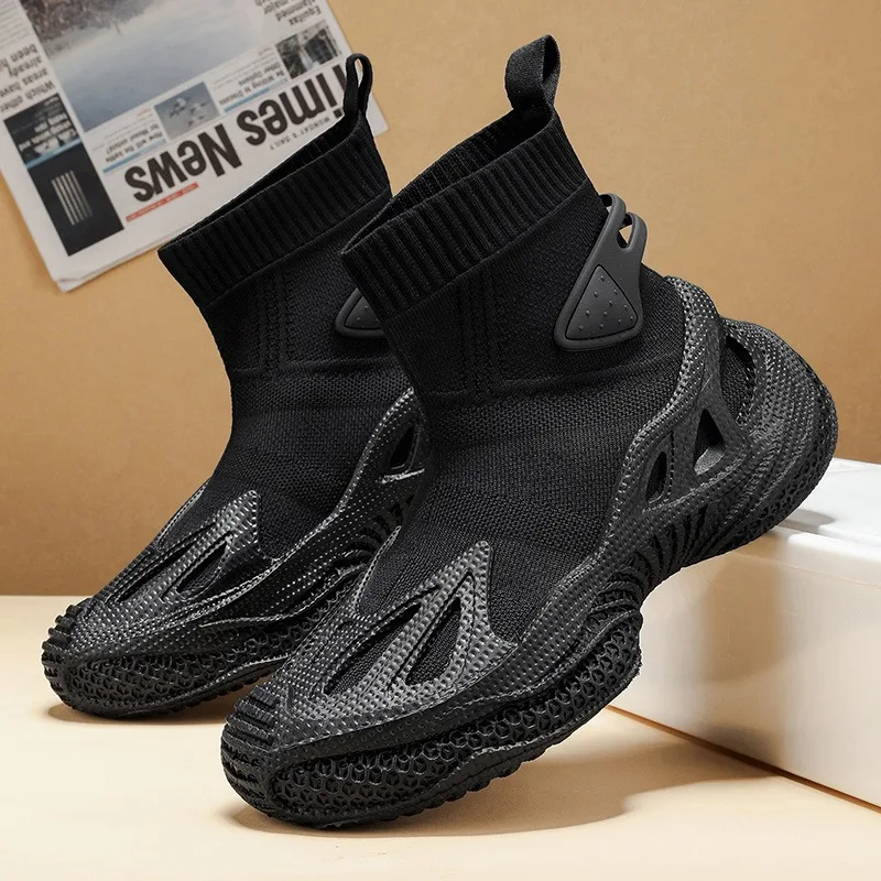 

Classic Black Men's High Top Shoes Breathable Knit Socks Shoes Man Outdoor Trendy Mecha Shoes Men Casual Boots Chaussure Hommes