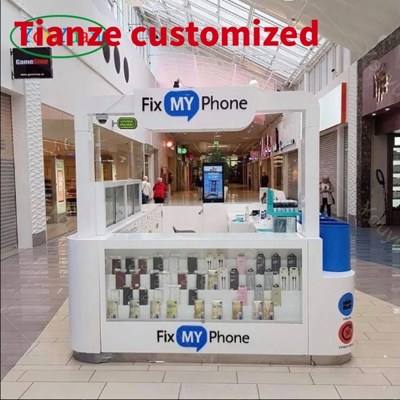 (customized)Mobile Accessories Kiosk Shopping Mall FullGlass Showcase And Wooden Display Kiosk Cell Phone