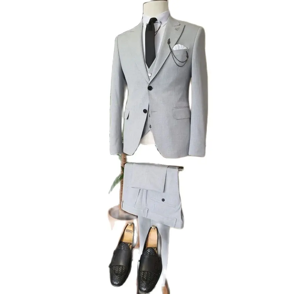 Smart Light Gray Men's Suits Single Breasted 3 Piece Jacket Vest Pants Male Clothing Slim Fit Formal Wedding Business Blazer Set