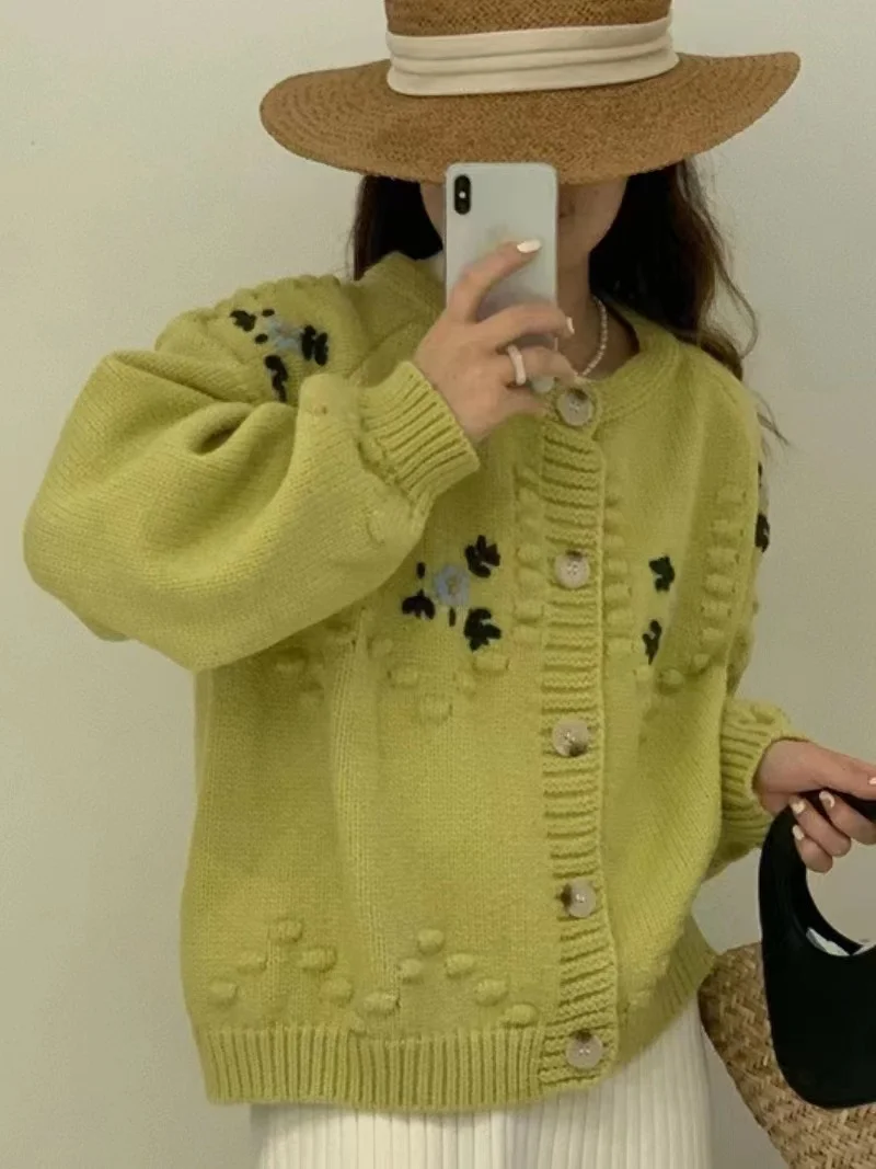 AOSSVIAO 2024 Autumn Warm Long Sleeve Knitted Cardigan Flower Embroidery Sweater Women Casual Single Breasted Sweater Coat