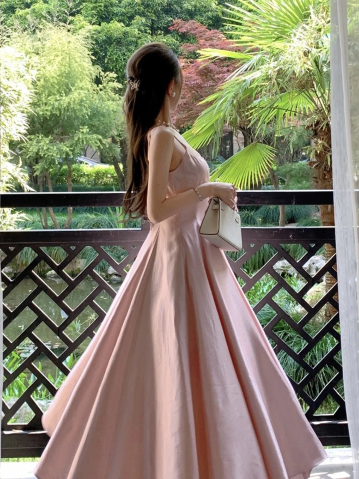 Princ Sle Pink Dr Glowing Heavy Satin Long Skirt Wealthy Misses Summer High Waist A-Line Gown No-Sve One-Piece