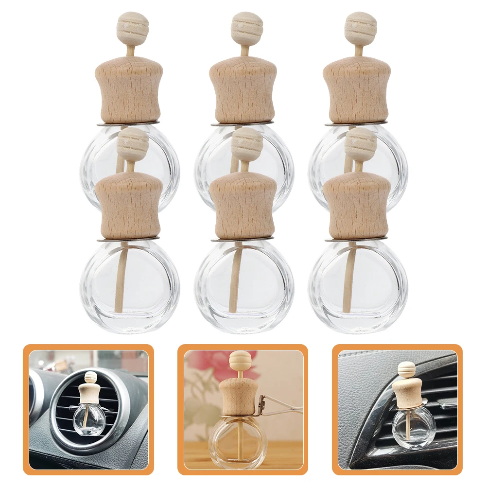 

6 Pcs Aromatherapy Bottles Car Air Freshener Scent Diffuser 10ml High Waist Round Glass Wood Material Essential Oil Holder