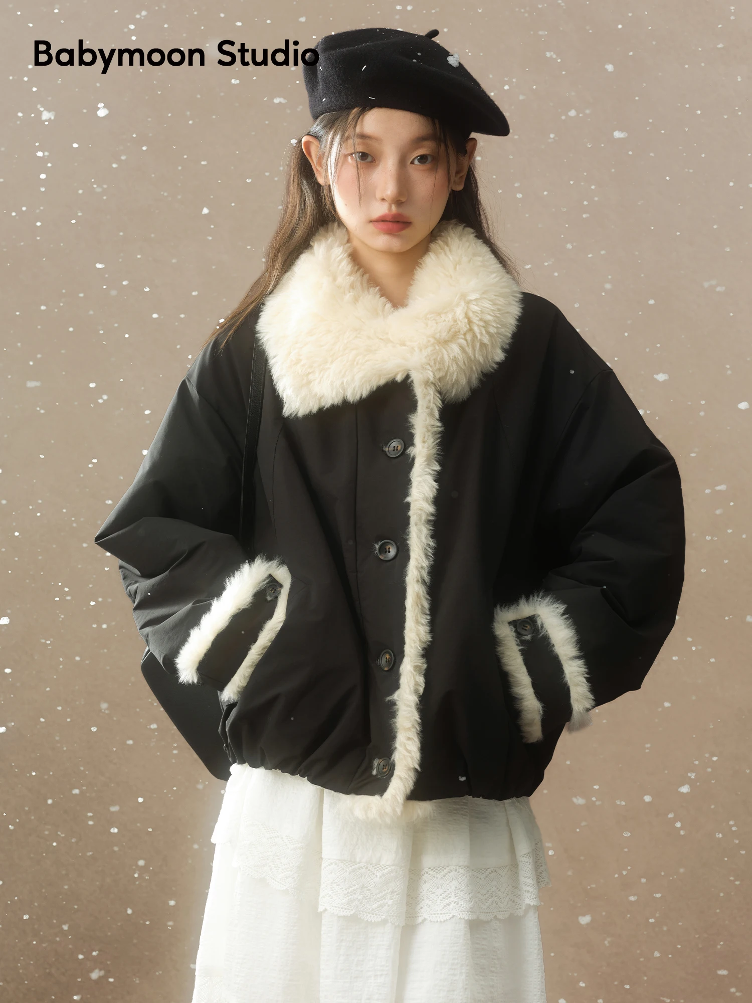 

Babymoon Women's ort Cotton Jaet with Fur Collar Spliced Winter Outerwear Bla Cotton Coat Loose Fit Long Sve