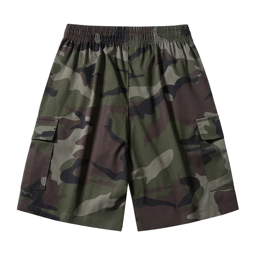 Summer Men's Camouflage Cargo Shorts Casual Loose Multi-Pocket Tactical Military Shorts Elastic Waist Drawstring Streetwear