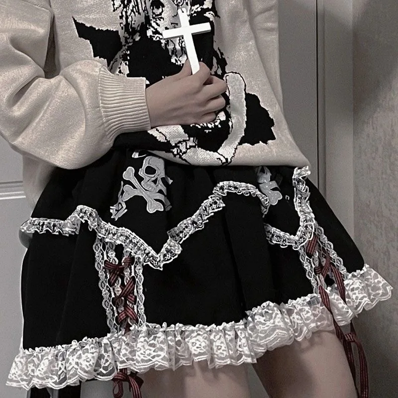 Subcultural Punk Dark Series Anime Lace Skull Skirts High Waist Short Skirt Cake Ponching Skirt Korean Fashion Women Clothing