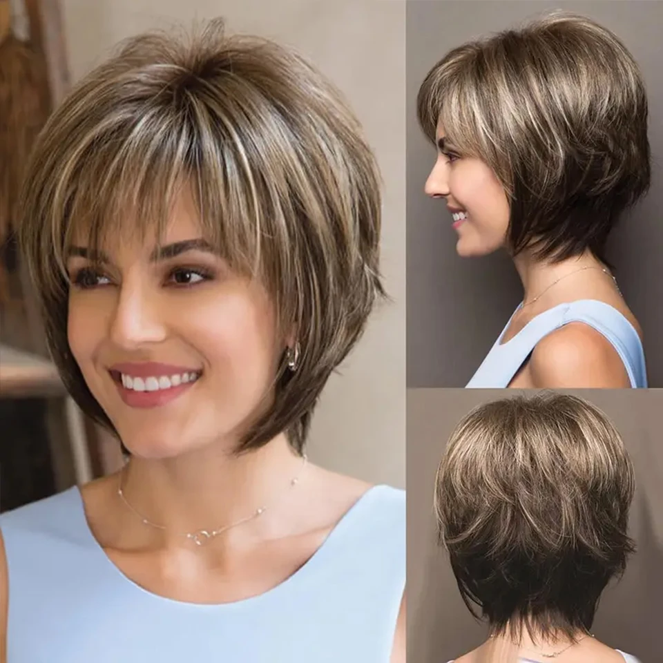 

Short Brown Pixie Wig With Bangs For Caucasian Women, Mixed Blonde Straight Layered Synthetic Hair Wig