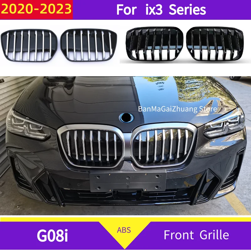 2 PCS Front Bumper Kidney Grille For BMW ix3 Series G08i 2020-2023 full electric ABS Single line one slat front grill Cover