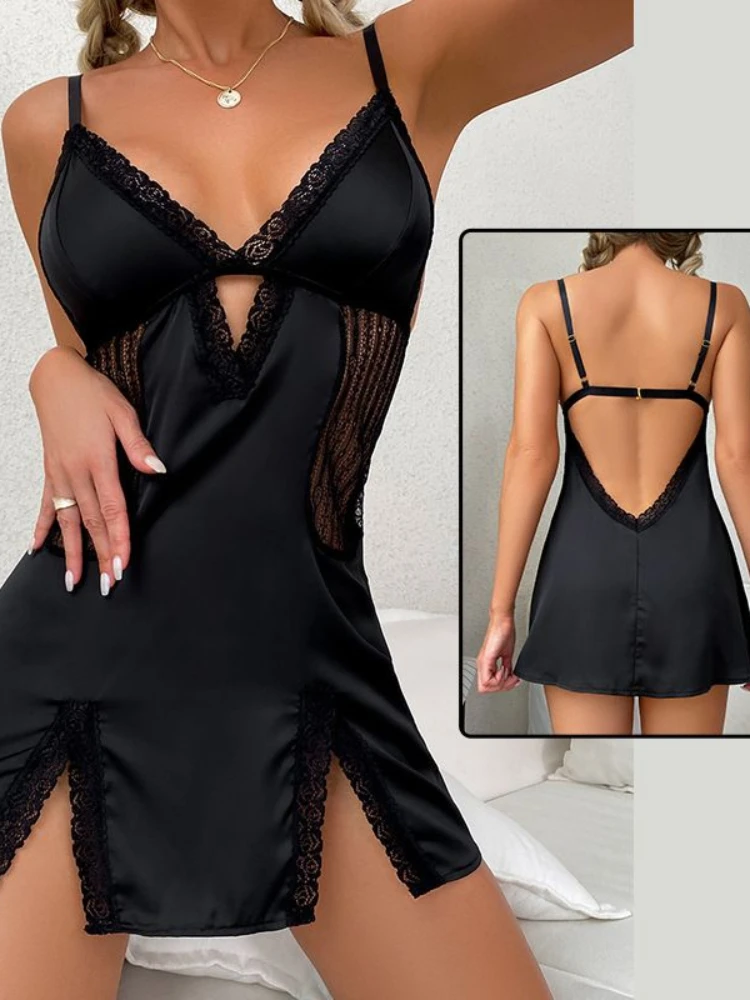 

Sexy Women's Spaghetti Strap Lace Sleep Dress -Bow Tie Detail &Sheer Mesh Panel, Slim Fit Romantic Sweet Nightgown Spring Summer