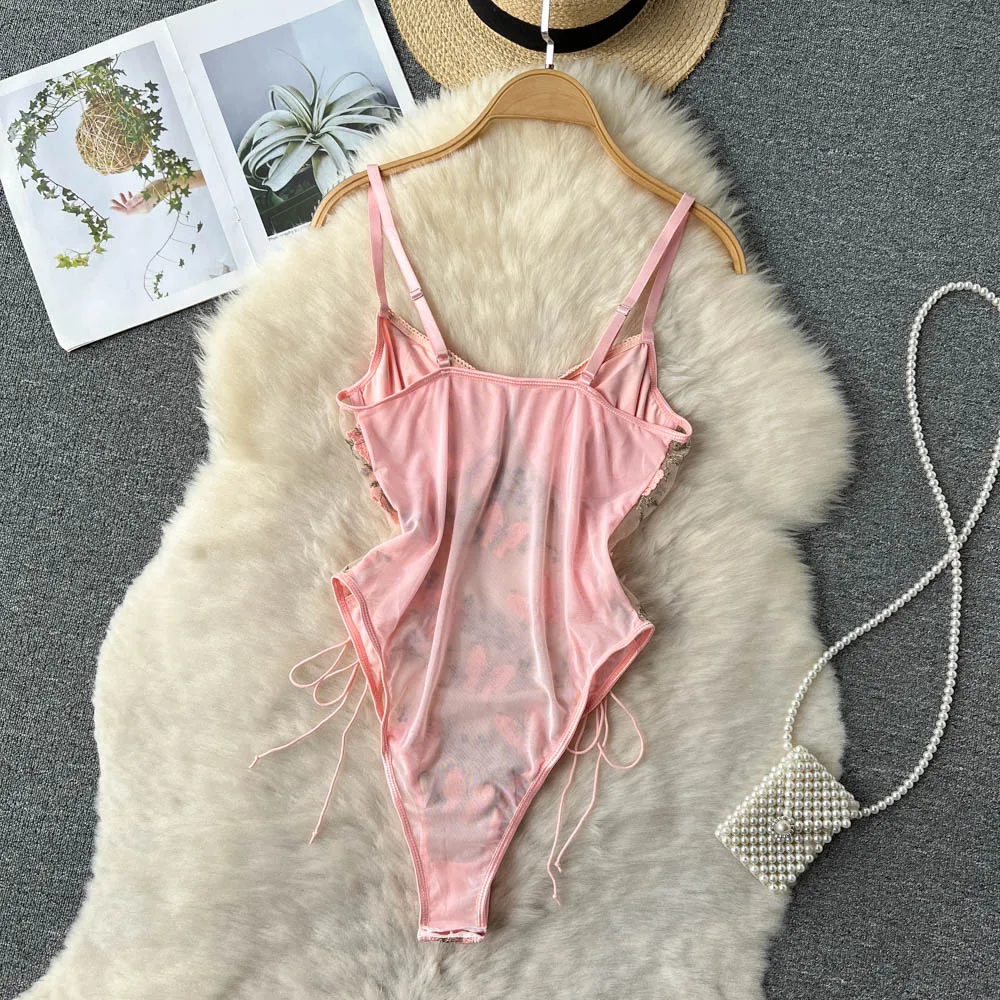 Foamlina Nữ Bướm Hồng Thêu Bodysuits Gợi Cảm Spaghetti Dây Xem Qua Lưới Cột Dây Băng Câu Lạc Bộ Thân Áo