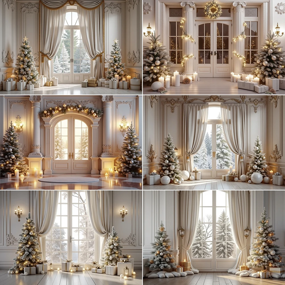

MOON.QG 2024 Christmas White Curtains Photocall Backdrop Window Door BallsTree Decoration Background Photography Studio Supplies