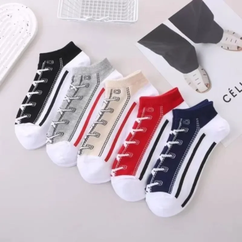 5 Pairs Spring Summer Fashion Canvas Shoes Trend Versatile Basketball Men's Socks Thin Sports Couple Style Men's Low Top Socks