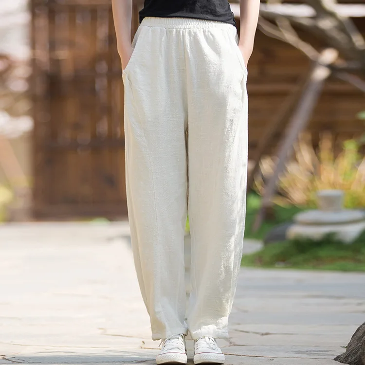 Winter women's fleece-lined ramie harem pants. Stone-washed, spliced design, vintage style, slimming and versatile.