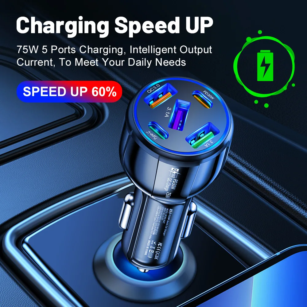 3/5 Port 90W USB Car Chargers Type C Car Charger Fast Charging PD QC3.1 Phone Charger in Car For iPhone Xiaomi  Samsung Huawei