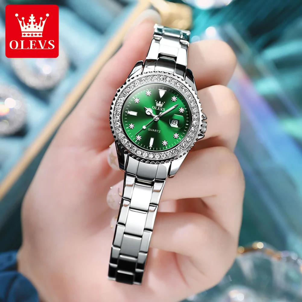 OLEVS Marke Neue Mode Grün Quarzuhr für Frauen Leder Wasserdicht Kalender Luxus Diamant Uhren Frauen Relogio feminino