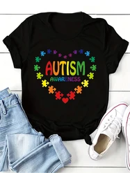 Love Autism Awareness Heart T-Shirt Print T shirt Girl Casual Regular Tops Tee Lady Clothes Summer O-neck Short Sleeve