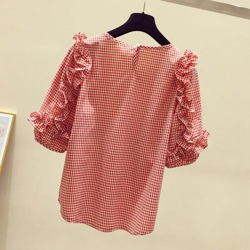 Plaid chiffon shirt women's short-sleeved ruffled summer 2023 new French style sweet blouse