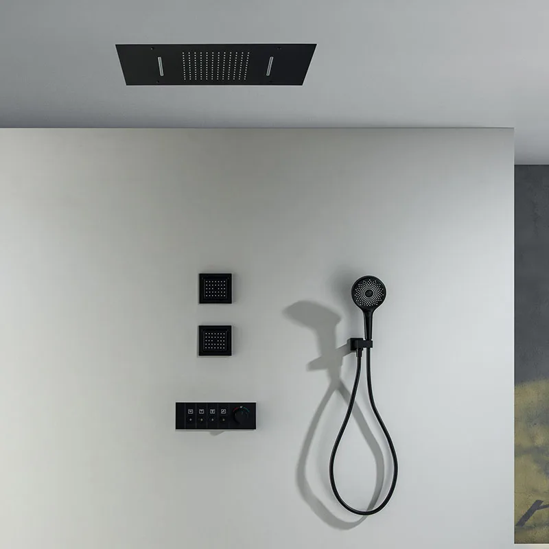 

Хромированный душевой набор для ванной комнаты: потолочная лейка-водопад/тропический душ, скрытый термостатический смеситель из латуни, боковая массажная душевая лейка