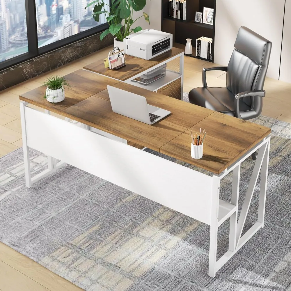 

63-inch Office Desk with Cabient Set, L Shaped Executive Desk with Mobile Drawers File Cabinet for Home Office Furniture
