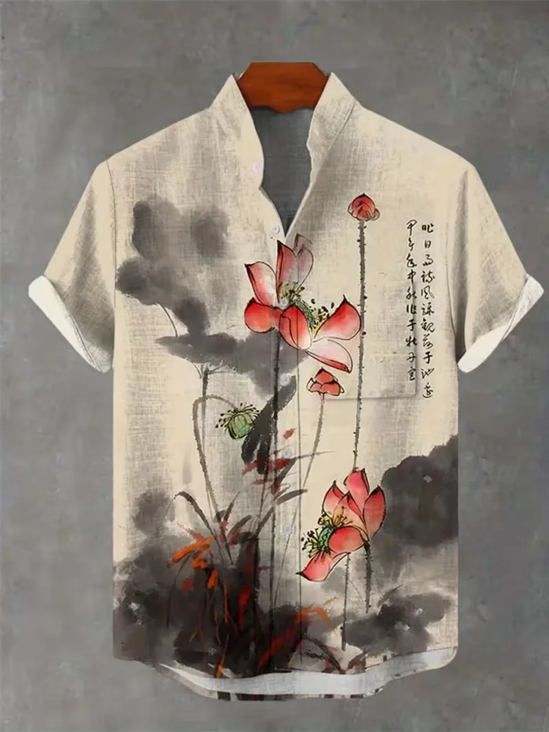 

Мужская новая удобная льняная рубашка с короткими рукавами и 3D тигровым принтом, бамбуковый узор, топ с короткими рукавами и пуговицами