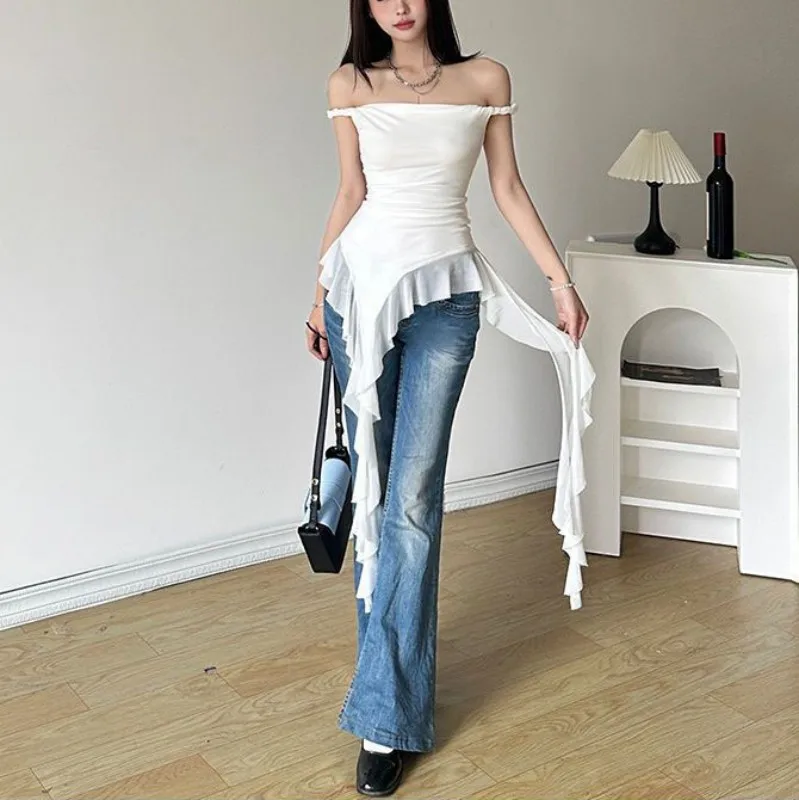 New Summer Women Tea Break Style Gentle Ruffle Strap Cami Top Off Shoulder Slim Fit Crop Top Fashion All Match Casual Streetwear