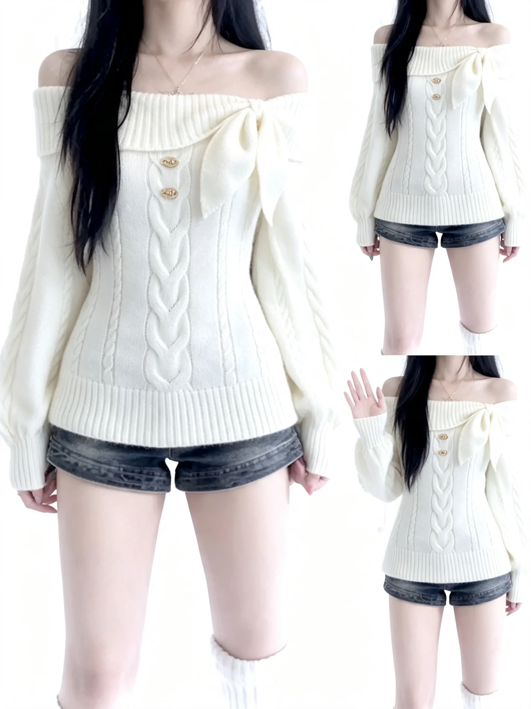 Y2K Sweet Girl Knit Top Women Off Shoulder Big Bow Collar Sweater Long Sleeve Button Pullover Kawaii Casual Daily Blouse 2026