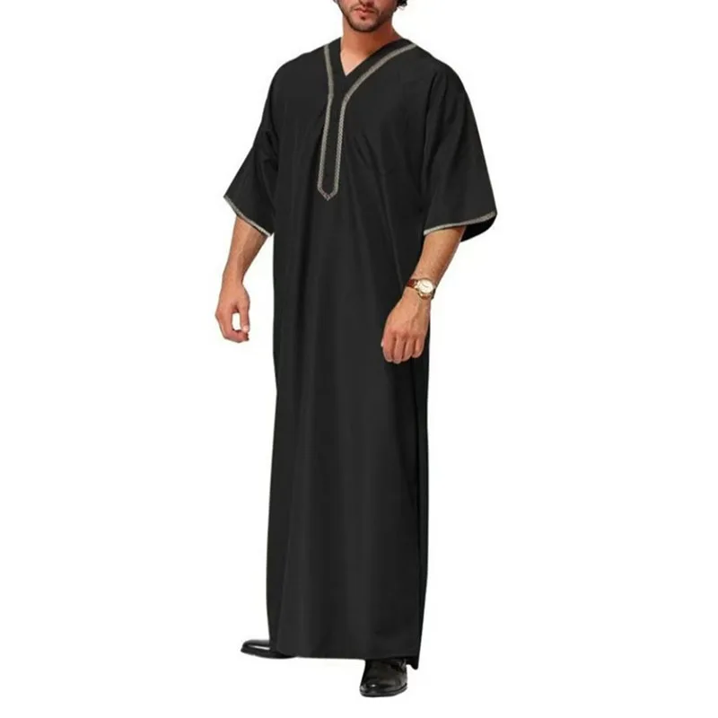 Men's Muslim Robes Middle East Arab Ramadan Islamic Button V-neck Clothing Solid Casual Long Sleeve T-shirt Dress Tunic Tops