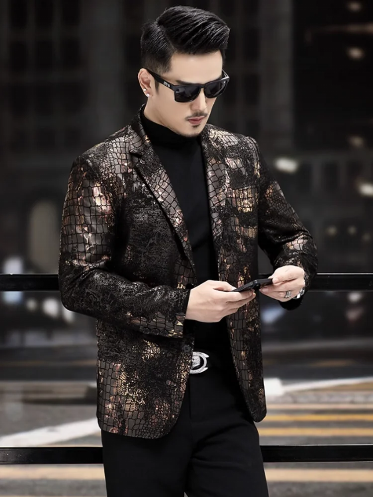 Business Men Snake Pattern Real Sheepskin Blazer Work Suit Coat Autumn Fashion Slim Fit Single Breasted Genuine Leather Jacket