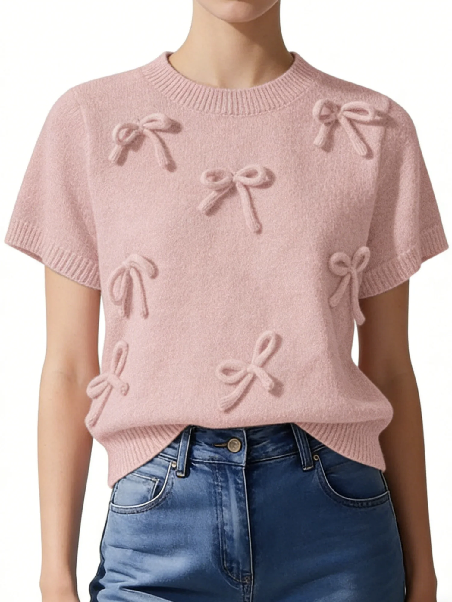 

Women's plus size elegant casual spring/summer bow decoration round neck short sleeved knitted pullover sweater