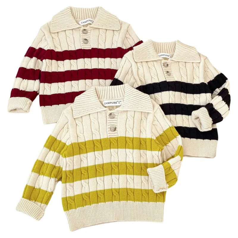 FINEPAT 2026 Autumn Kids Sweaters Striped Boys Knit Pullover Turn Down Collar Girls Knit Wear Girls Outfit