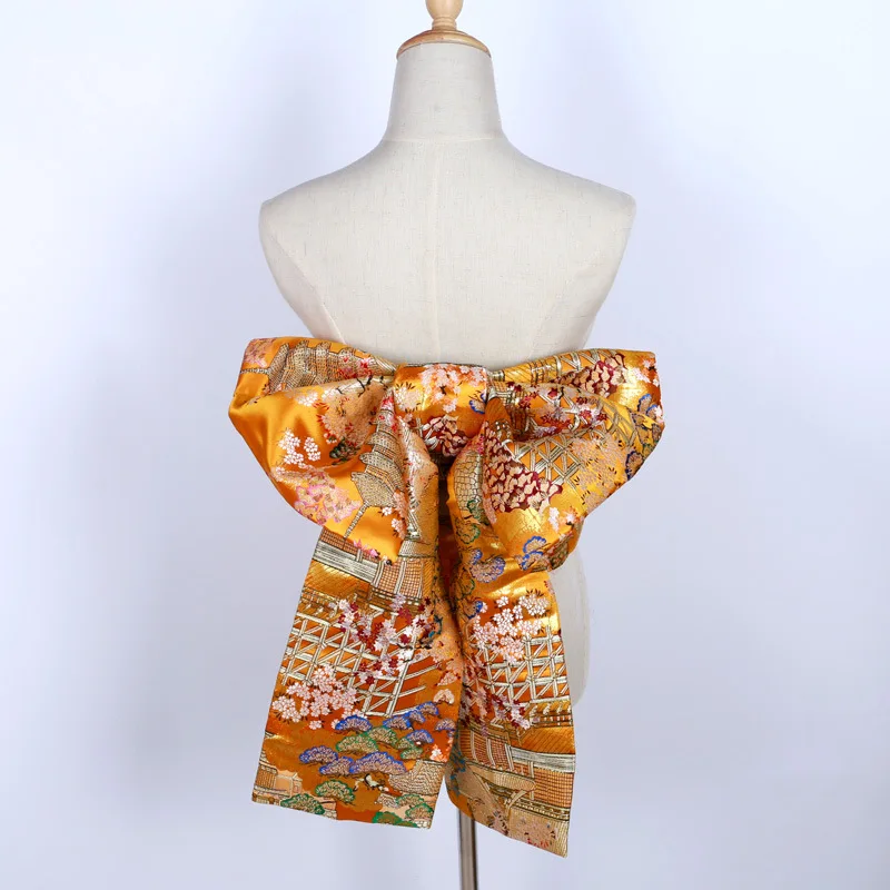 Japan Style Women Kimono Obi Creative Bow Tie Brocade Jacquard Girdle Long Tail Wide Waist Belt