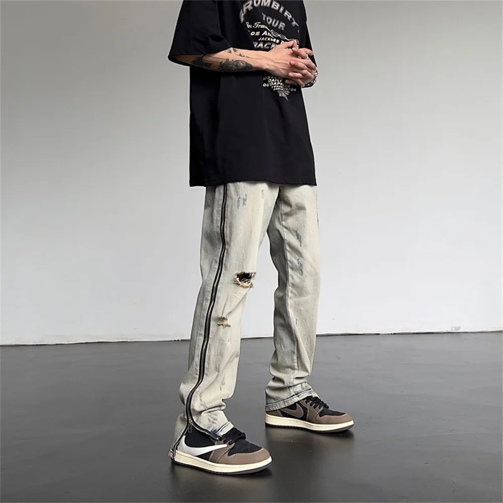 Pantaloni Cargo a gamba larga 2022 Streetwear Jeans larghi nuovi jeans da uomo primavera autunno strappati larghi dritti abbigliamento maschile di marca blu