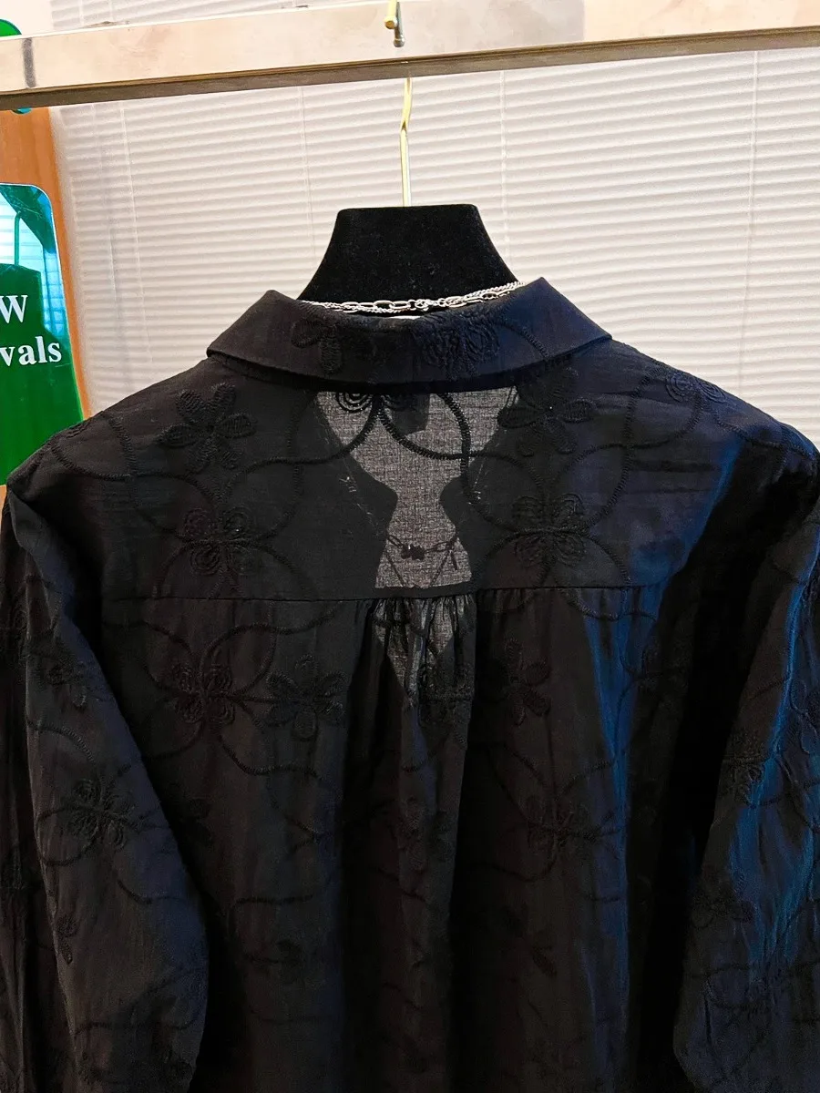 Sweet Sle Loose Fit Cotton irt Women's Pure Color Embroidered Flower Button up Casual Breathable Long Sve  Ne