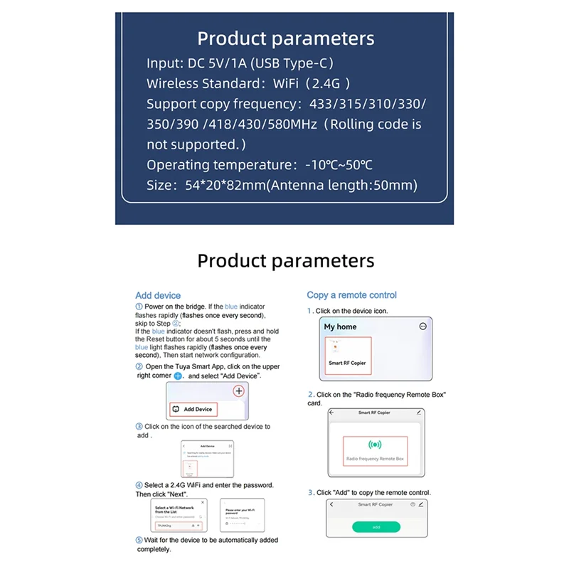 

Tuya Smart Wifi RF Duplicator Remote Control Copy For Electric Door Rolling Door Curtain Awning Sunshade Remote Control